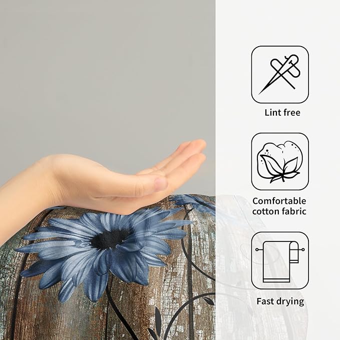 Giwawa Rustic Barn Sunflower Wooden Hand Towel 15x30 Set of 2, Fall Blue Daisy Flower Plank Fingertip Towel Retro Board Face Towel Country Barnwood Washcloth for Bathroom Farmhouse Log Cabin