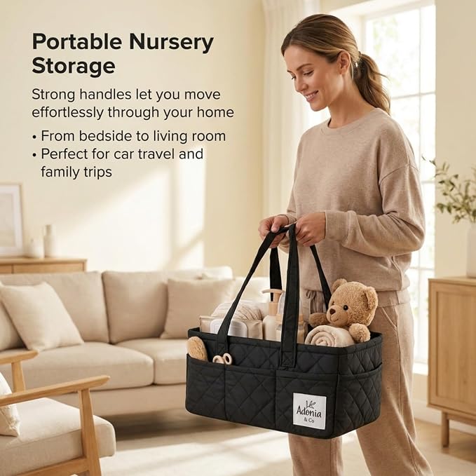 Adonia & Co Diaper Caddy Organizer – Baby Essentials Organizer, Large Nursery Storage Basket with Removable Divider, 8 Exterior Pockets, Portable, Machine Washable, Structured Design, Black