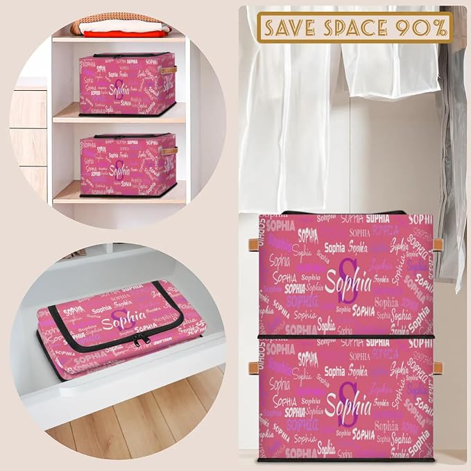 Custom Name Storage Bin with Lid Zipper, Personalized Watermelon Pink Rectangular Storage Basket with Handles for Organizing Boys Girls Toys Office Closet Shelf Baskets