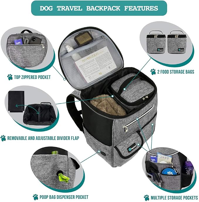 PetAmi Dog Travel Backpack 27L Airline Approved Pet Supplies Bag, Gray | Cat Traveling Suitcase Organizer for Weekend Road Trip Camping; 2 Food Containers, 2 Collapsible Bowls & Poop Bag Dispenser