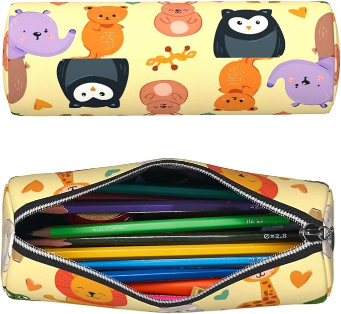 OSAM SPACE Leather Pencil Case Round Pencil Bag Cute Animals Hearts Pen Organizer Holder Portable Zipper Pouch Cute School Supplies for Girls Boys Study Office