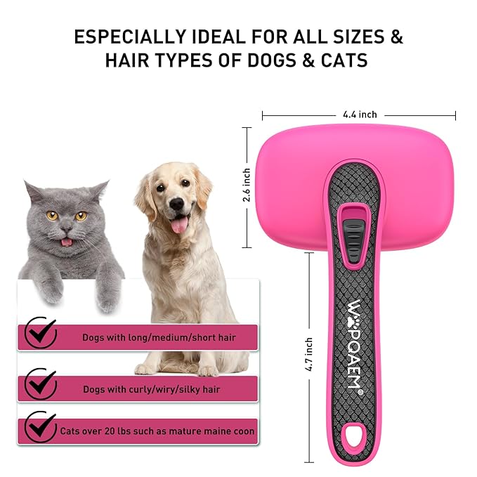 Self Cleaning Slicker Brush for Dog, Cat, Skin Friendly Shedding & Grooming Tool for Long and Short Haired Pets, Easy Clean Retractable Bristles, Pink