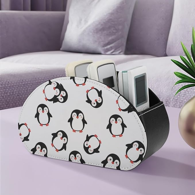 Pu Leather Remote Control Holder Cute Penguins 5 Slot Desk Caddy Box | Cute Penguins Office Desktop Storage Organizer for Controller, Media Player, Stationery Supplies