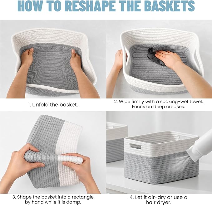 5 Pack Woven Storage Baskets, Decorative Storage Bins for Organizing | 13.8'' × 9.8'' × 7.9'', Cotton Rope Basket Organizer for Closet, Shelves, bathroom, Nursery, Toys, Books, Pantry, Gray/White