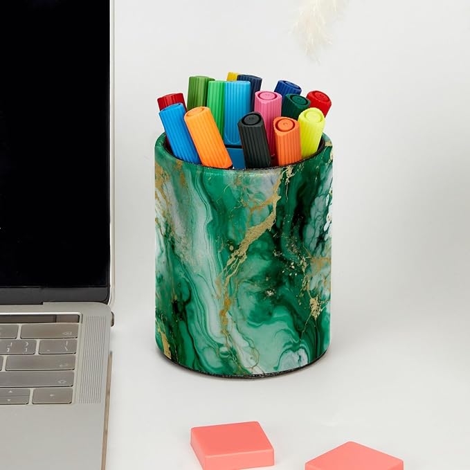 Green Marble Texture Pen Holder, Pencil Cup Marker Brush Holder Desk Storage Case, Desktop Organizer for School Office Home Supplies