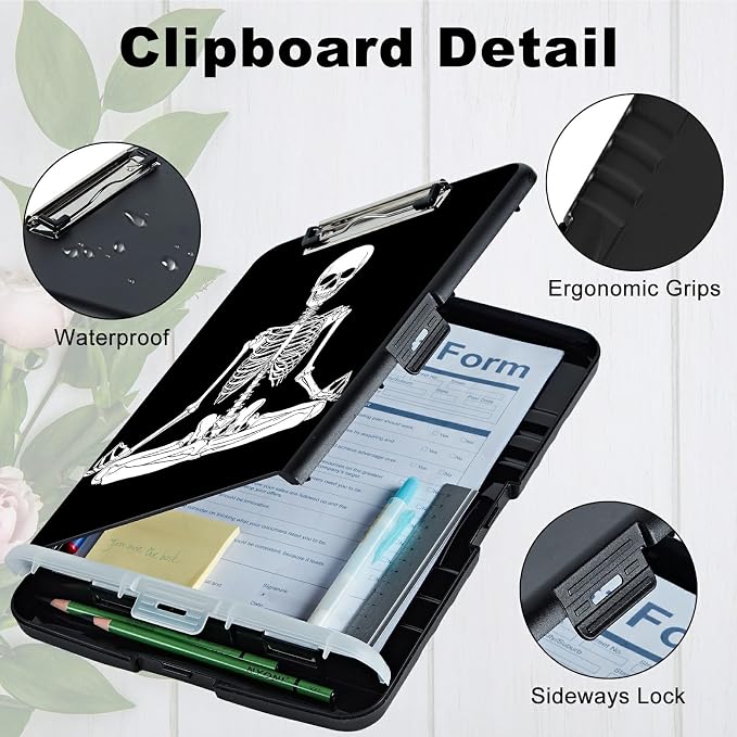 Sitting Skull A4 Clipboard with Storage Pen Holder, Clipboards Organizer Nursing Clipboard Foldable File Folder Plastic Clipboard Folio Clip Board for Office Students Classroom Doctor