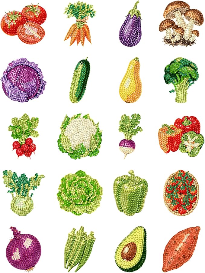 FRANDEK 20pcs Vegetable 2D/Flat Acrylic DIY Diamond Art Magnets | FRANDEK 20pcs 2D flat acrylic DIY Diamond Art Fridge Magnets; magnetic food series; kit with rhinestones and tools; easy DIY
