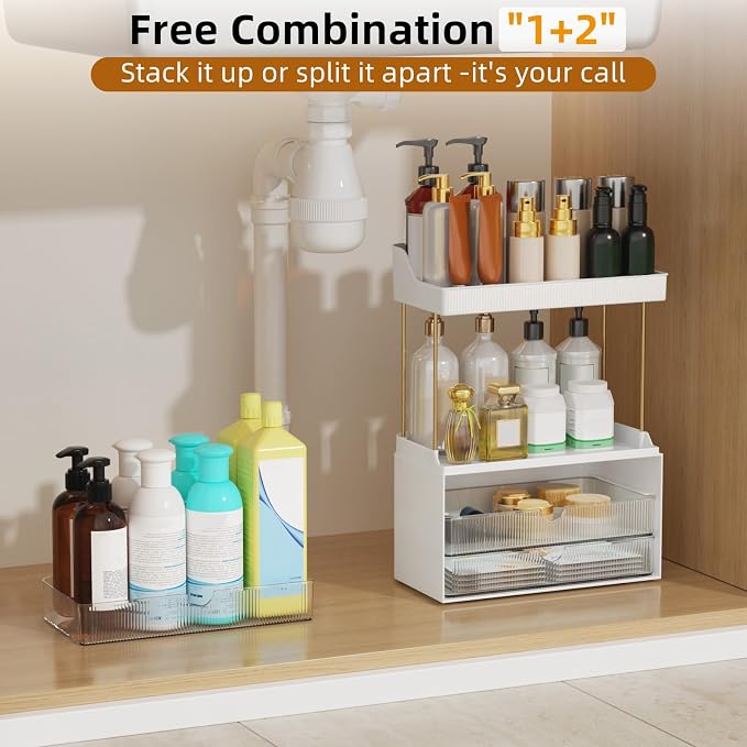 StorBin Arcylic 5-Tier Makeup & Skincare Organizer for Vanity, Bath | Smooth 3 drawers, clear body, gold frame, non-slip, for perfumes, serums, face masks, palettes, vanity & bath counter,Clear