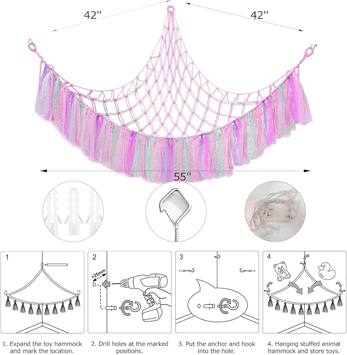 Stuffed Animal Storage Macrame Boho Plush Toy Net Hammock Room Decor | Stuffed Animals Hammock Plushie Net for Stuffed Animals Corner Hanging Holder Teddy Bear Net for Kids Girls Room Decor