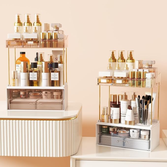 KHNR 2-Tier 2-Drawer Bathroom Organizer Countertop, Multi-Purpose Makeup Organizer Countertop, Large Skincare Organizers, Exquisite Vanity Organizer for Bathroom, Dresser, Kitchen (Amber)