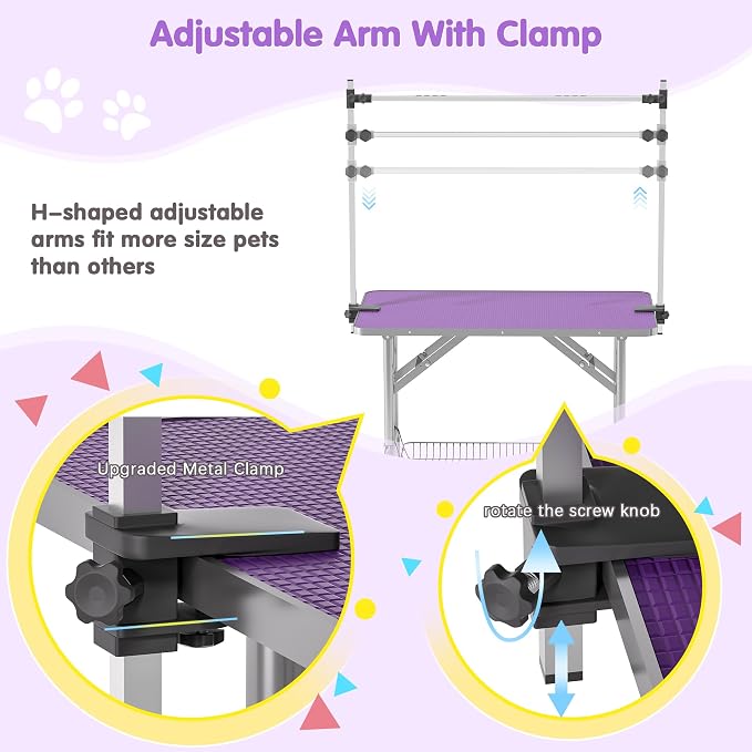 46'' Stainless Steel Pet Dog Grooming Table, Arm/Noose/Tray, Purple | Foldable Dog Grooming Table for Dogs at Home, Adjustable Height Arm, Non-Slip Waterproof Tabletop, Capacity 330Lb