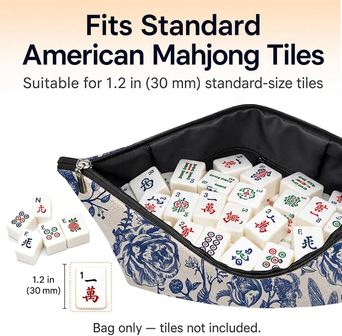 Blue and White Chinoiserie Empty Mahjong Tile Bag 13x7.8 Inch | Floral Bird Printed Portable Travel Case Organizer Zipper Pouch for American Mahjong Tiles Game Night Accessories and Gifts