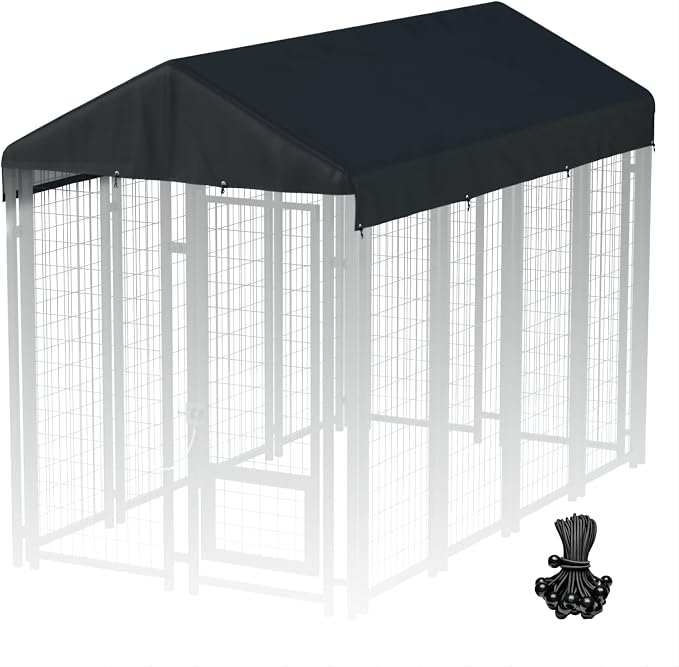 Outdoors Dog Kennel Cover 8' x 4' Replaceable Dog Kennel Cover Black | 420D Silver-Plated Waterproof UV Protection Oxford Fabric Lncludes a Ball-Ended Elastic Lanyard (Frame Not Included)
