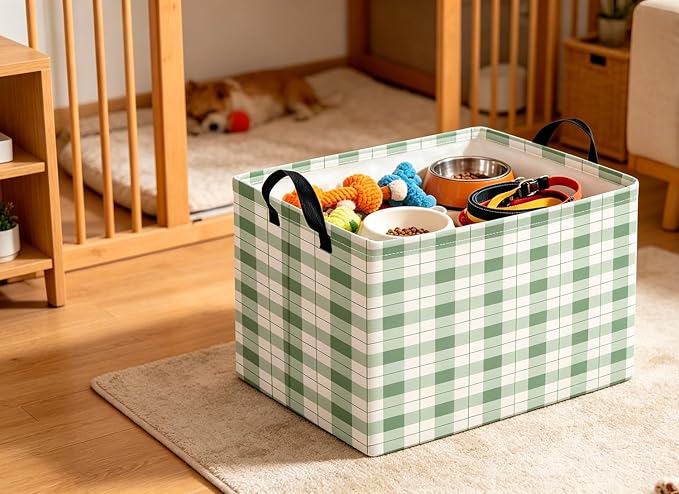 CLOCOR Rectangular Storage Bin,Waterproof Books Box,Gift Basket(Green Grid)
