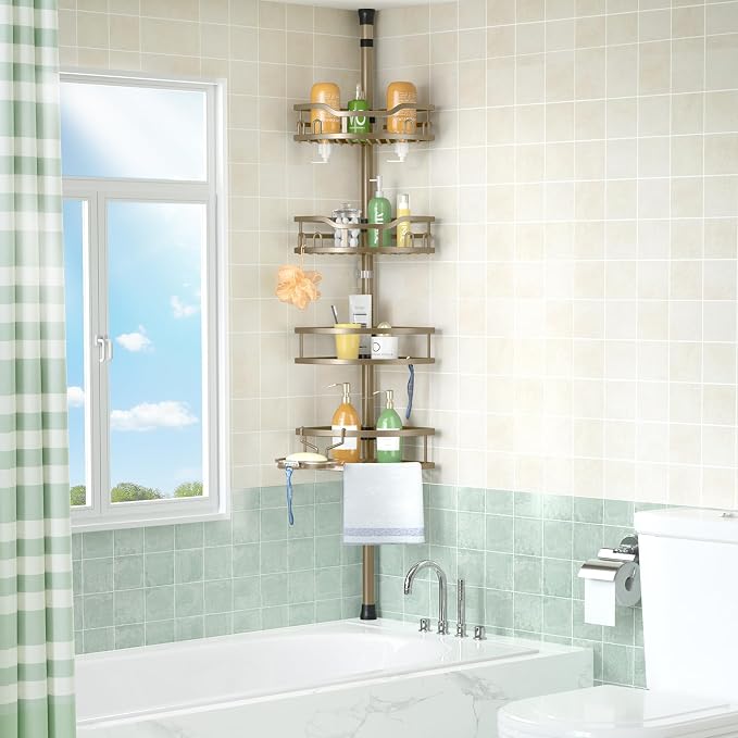 HAMITOR Shower Caddy Corner Tension Pole Adjustable No-Drill Bathroom Shelf | Rustproof Storage 4-Tier Shelves, 47-121 In Rod, With Hooks Towel Bar, Large Capacity Rv Dorm Needs, Home Decor, Tan Khaki