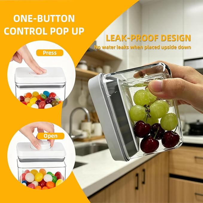 Pop Push Button Airtight Food Storage Containers 4 Pack (0.7Qt) | BPA-Free Stackable Square Canisters for Nuts, Candy, Spices, Pet Treats, Small Snacks