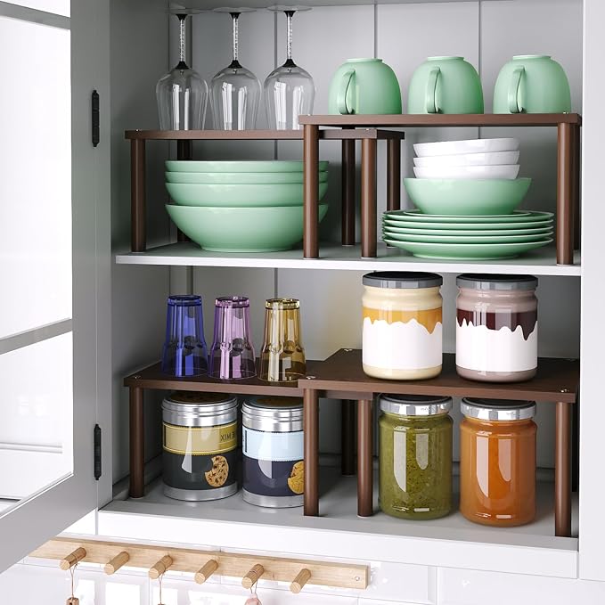 VERTORGAN 2 Pack Cabinet Organizer Shelf,Bamboo Countertop(Medium,Brown) | Kitchen Counter Shelves,Spice Rack Countertop and Cabinet,Cabinet Storage,Counter Organizer,Stackable Shelves