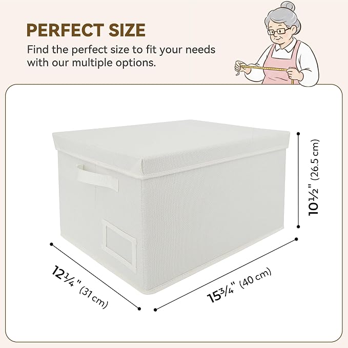 GRANNY SAYS Storage Bins with Lids, Decorative Storage Boxes with Lids | Storage Box with Dust Cover, Handles & Lable, Collapsible, Ideal for Closet Clothes Blanket Toys, Large, Ivory, 3-Pack