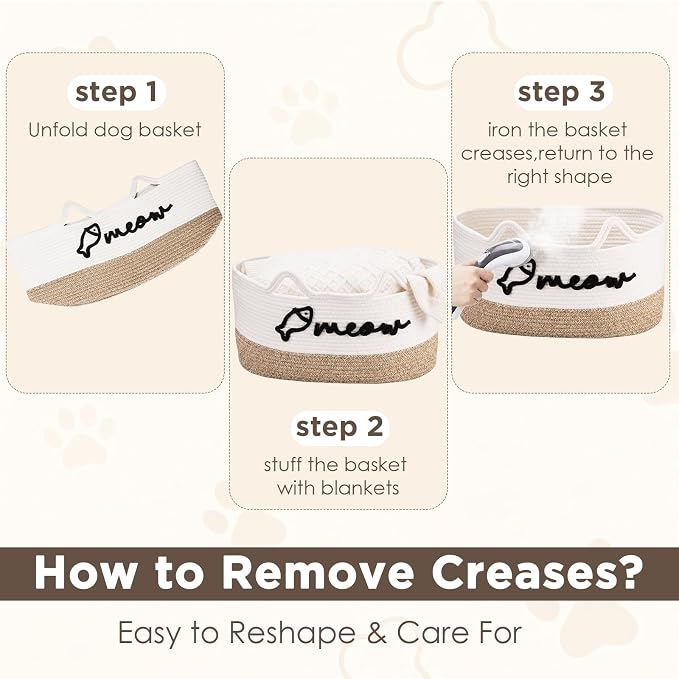 Cat Toy Basket with Cat Ear Handles, 19.5 x 11 x 9 in Woven Cats Toy Bin, Large Two-tone Cotton Rope Storage Box, Meow Words Organizer for Toys, Blankets, Home Decor (White, Linen)