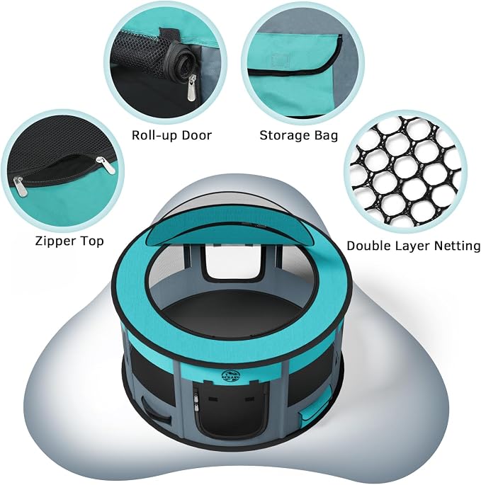 Dog Playpen for Puppies and Cats: Foldable Pet Pen with Dual Doors | Two Zippered Doors, 360° Mesh Windows, Removable Breathable Top, Spacious Interior