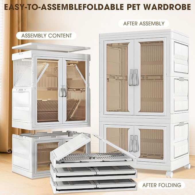 CXCJAI Pet Clothing Storage Cabinet with Hanging Rod Foldable Plastic Storage Bin 2-Tier Dog Clothes Organizer for Small Pets Lightweight, Waterproof– Portable Cat Wardrobe Closet