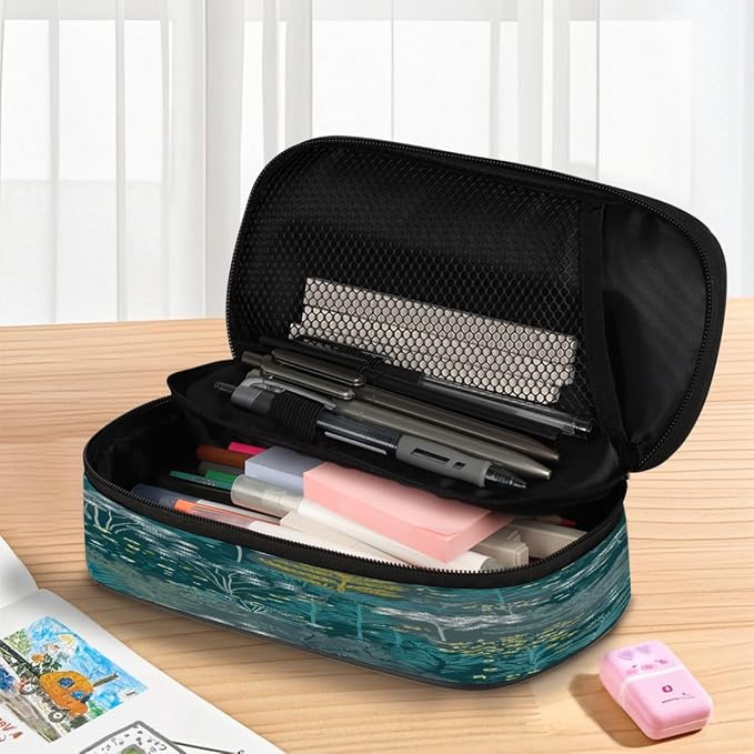 Pencil Case Pouch, Teal Green Plant Pattern Large Pen Bag with Zipper, Portable Zipper Pencil Pouch Organizer for Student Teen Girls Boys