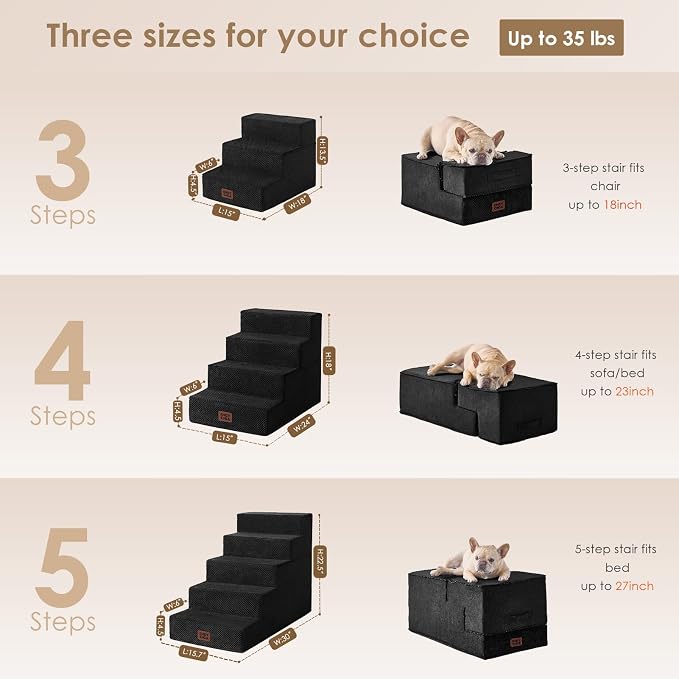 EHEYCIGA Dog Stairs for Small Dogs 13.5" H, 3-Step Dog Steps for Cats, Black