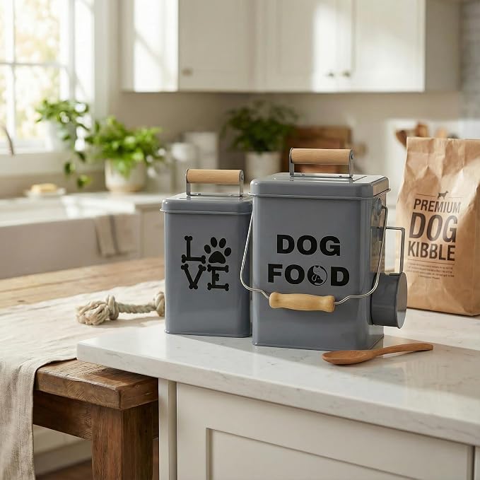 Dog Food Storage Container Set of 2 Dog Treat Container with Airtight Lids Dog Treat Jar with Scoop Metal Dog Food Holder with Wooden Handles for Kitchen Counter and Pantry Home Decor - Grey