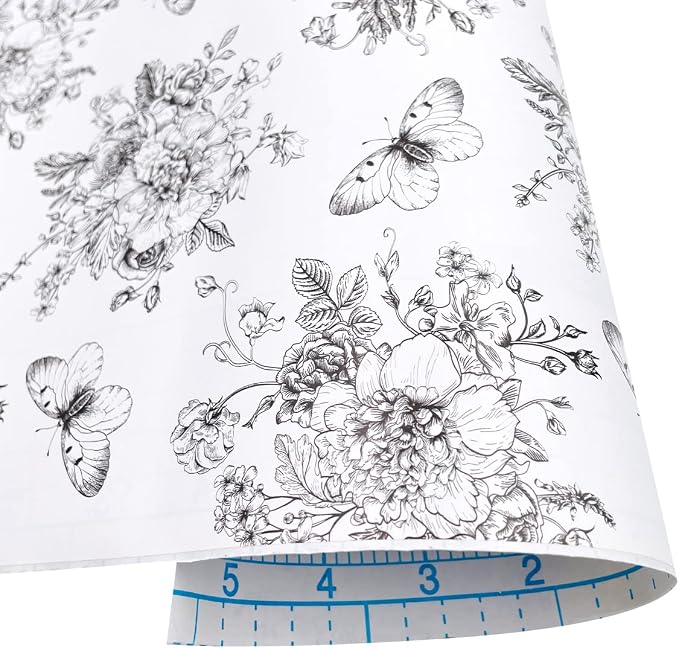 Easy Apply Shelf Liner Removable Furniture Paper Decorative Workspace Organizers Sofa Tables, Black-White Peony Butterfly, 17.7 Inch by 9.8 Feet