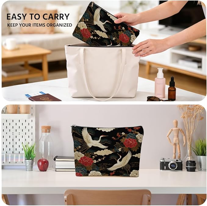Vintage Oriental Cranes Makeup Bag Chinoiserie Floral Bird Cosmetic Bag | Travel Toiletry Bags, Toiletry Organizer Pouch Christmas Birthday Gifts for Women Mom Sisters Daughters Friends Bird Lover