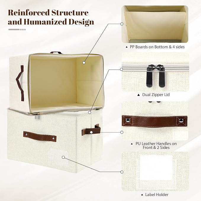 ANMINY Storage Box Fabric Bins with Zipper Lid, 17.7"x13.8"x10" Beige | Keepsake Box, Decorative, Cotton Linen, Reinforced PP Board Frame, Washable, Stackable & Foldable, Label Holder & PU Handles
