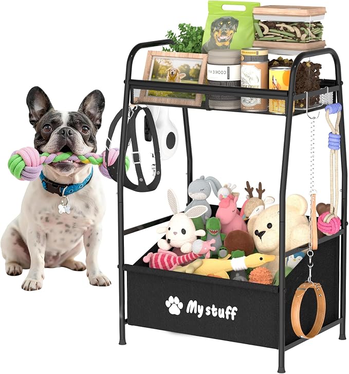 Kaiferty Medium Dog Toy basket, Toy Box for Dogs, Pet Toys Bin Dog Metal Wire Basket for Toys, Food Storage, Storage Organizer Chest Storage, Toy Box for Living Room Area (Black)