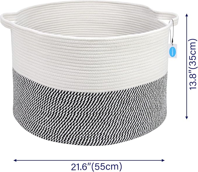 Casaphoria XXXLarge Cotton Rope Basket for Living Room - Woven Storage Basket with Handle for Blankets, Towels and Pillows Laundry Hamper | White & Grey (21.7" x 21.7" x 13.8")