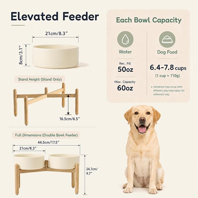 Havniva Ceramic Dog Bowls Elevated, Raised Dog Food Bowl for Large Dogs | 8.3” Elevated Dog Bowls, Non-Slip Wood Stand, Dog Food and Water Bowl Set, Dog Feeding Dish, Large Capacity Pet Water Bowl