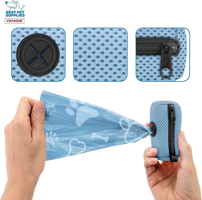 Best Pet Supplies Dog Poop Bag Holder Leash Attachment with Reusable Dispenser for Travel, Walking, Park, and Outdoor Use, Durable with Clip-On - Baby Blue, Mesh Dispenser w/15 Bags