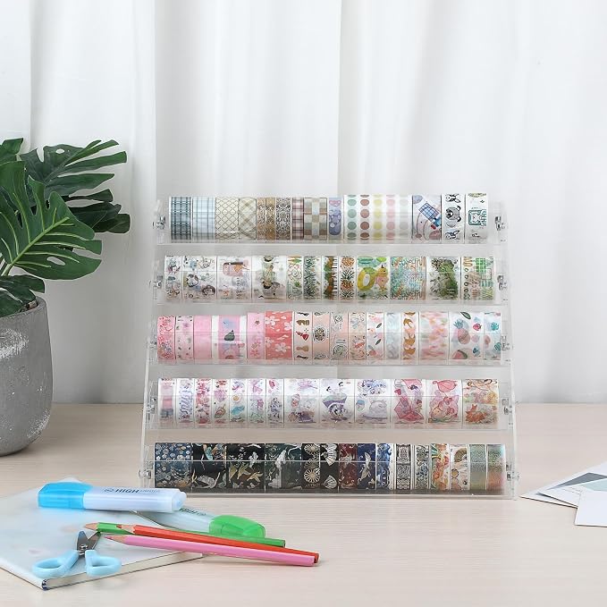 BTSKY 5 Tier Washi Tape Organizer - Clear Plastic Washi Tape Storage Rack, Assembly Washi Tape Storage Holder Washi Tape Dispenser Desk Accessories Display Caddy for Scrapbooking Art Craft Supplies