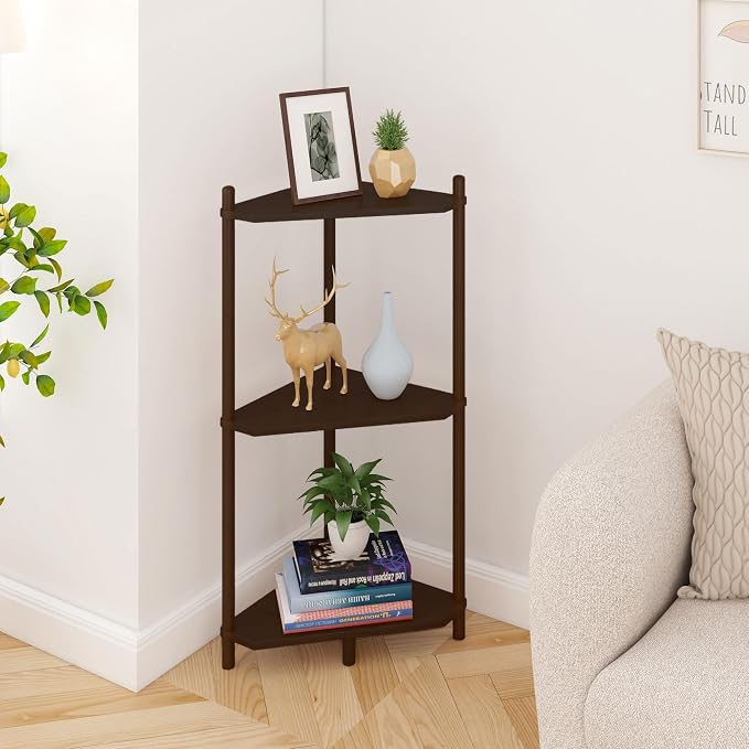 Wisuce Brown Small Corner Shelf Stand, 3-Tier Bamboo Corner Bookshelf | Space-Saving Narrow Corner Shelf | Bathroom Corner Shelf | Shelves for Bedroom, Living Room, Kitchen & Plant Display