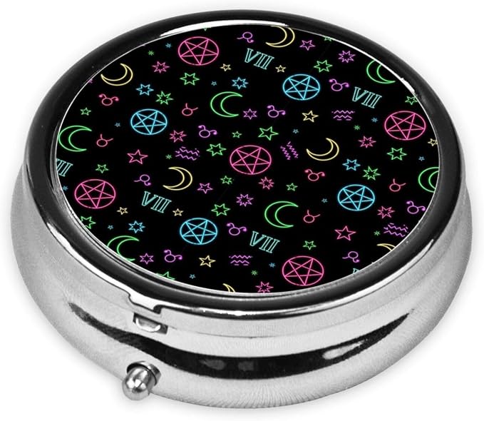 Purse Pill Organizer, Round Portable Case, Waterproof Holder for Vitamins, Mini Travel Box for Urban Commuters, Witch Magic Sun Moon Star Alchemical Cosmic Signs Witchcraft