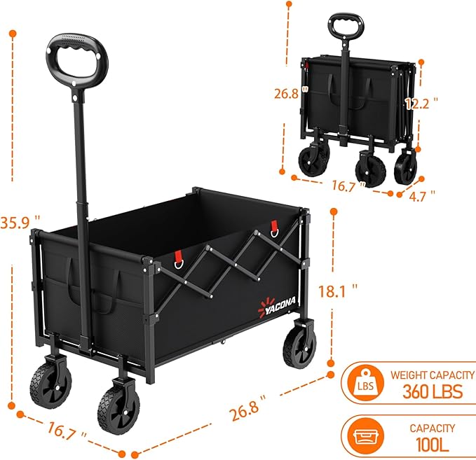 Yozoia Wagons Carts Foldable, Lightweight Portable Utility Shopping Cart with Wheels, Folding Grocery Wagon Cart for Grocery, Camping, Shopping, Beach, Garden, Sports Black | Foldable, Lightweight, Portable, Simple Installation, for Camping Shopping Be...