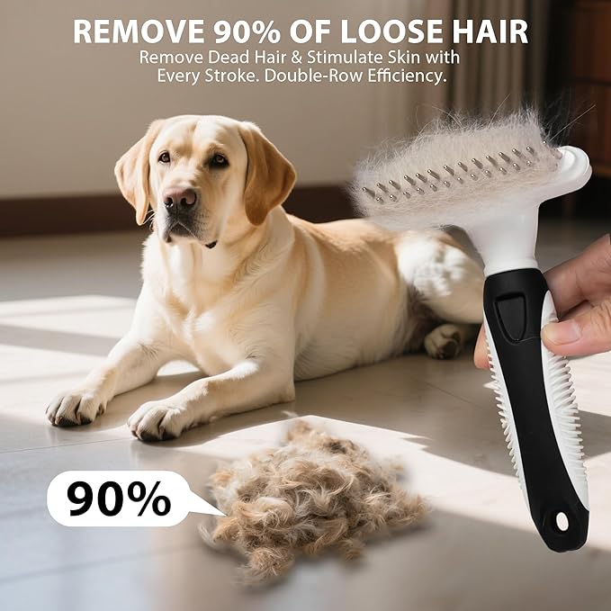 Dog Cat Grooming Tool Rake, Pet Dematting Tool with Stainless Steel Shedding Comb, Double Row Pet Rake Gently Remove Loose or Tangled Hair from Undercoat Black