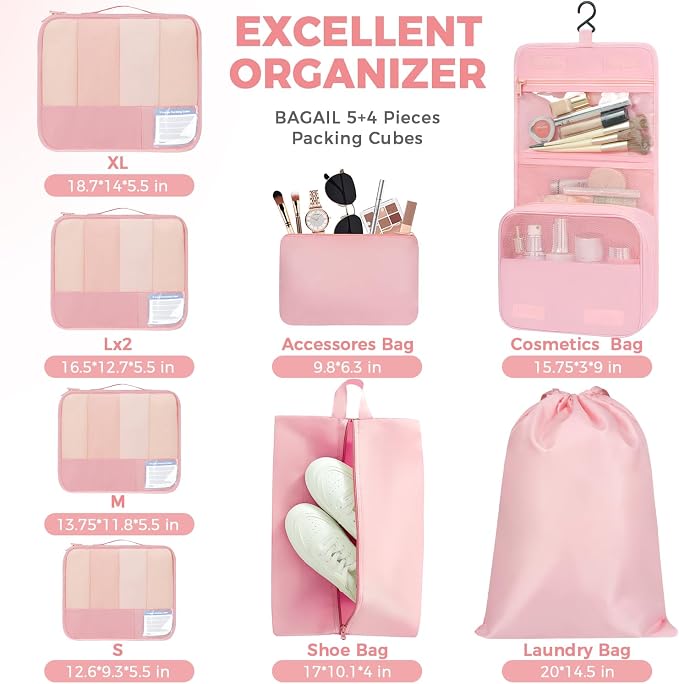 BAGAIL 9 Set Packing Cubes with Packing List Luggage Packing Organizers for Travel Accessories (Pink)