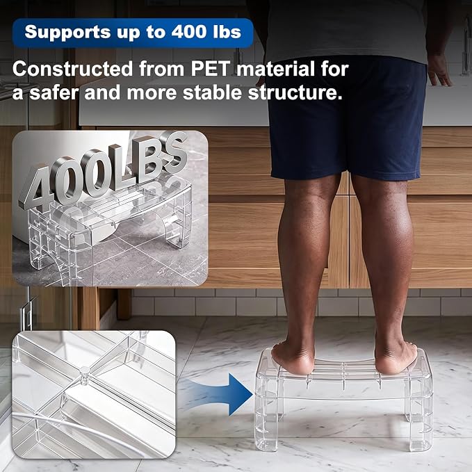 Folding Black Toilet Stool Squat Adult Bathroom Step Stool with Storage | Acrylic, Shatterproof & Heavy Duty, Built-in Phone Storage Slot, Bathroom & Toilet, Adults & Elderly