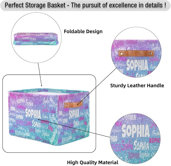 Personalized Name Storage Basket, Gradient Purple Blue Glitters Print | Organizing Boys Girls Pets Toys Closet Shelf Clothes Books