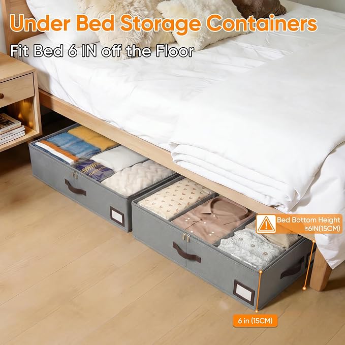OIAHOMY 2 Pack 38L Under Bed Storage with Adjustable Dividers, 6" Low Profile Underbed Storage Bins for Comforters & Clothes, Save Closet Space with Clear View Lid & Reinforced Handles, Grey