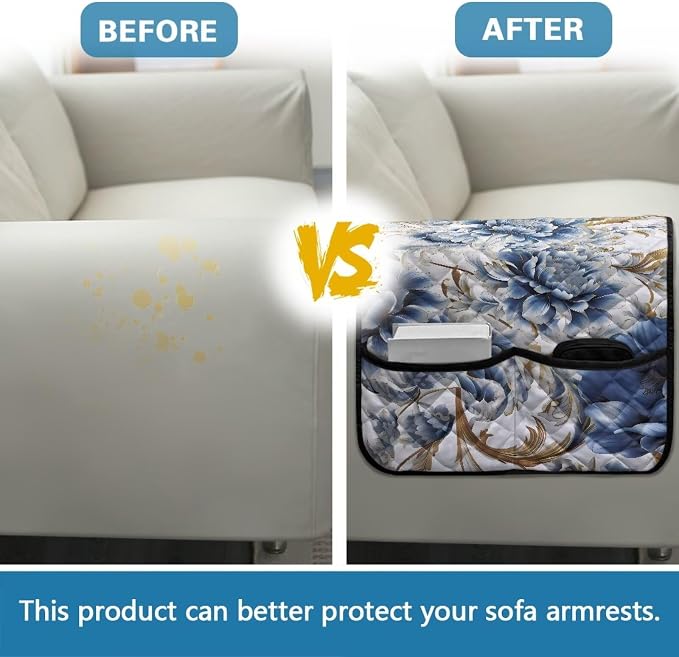 Sofa Armrest Covers Non-Slip Arm Rest Covers Washable Couch Arm Cover with Organizer Pockets Dustproof Furniture Protector for Living Room Decoration Floral