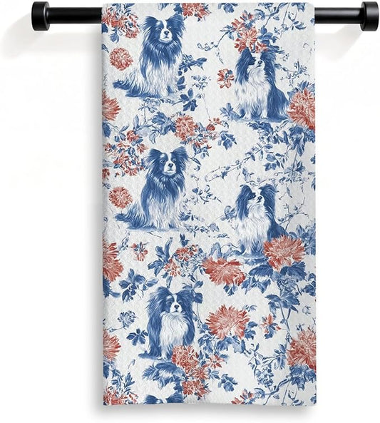 Papilion Kitchen Dish Towels,Blue and White Floral Dog Towel Dish Tea Towels, Chinoiserie Decor for Kitchen Bathroom,Cocker Papilion Gifts for Dog Lover Mom Dad,16x24 Inch