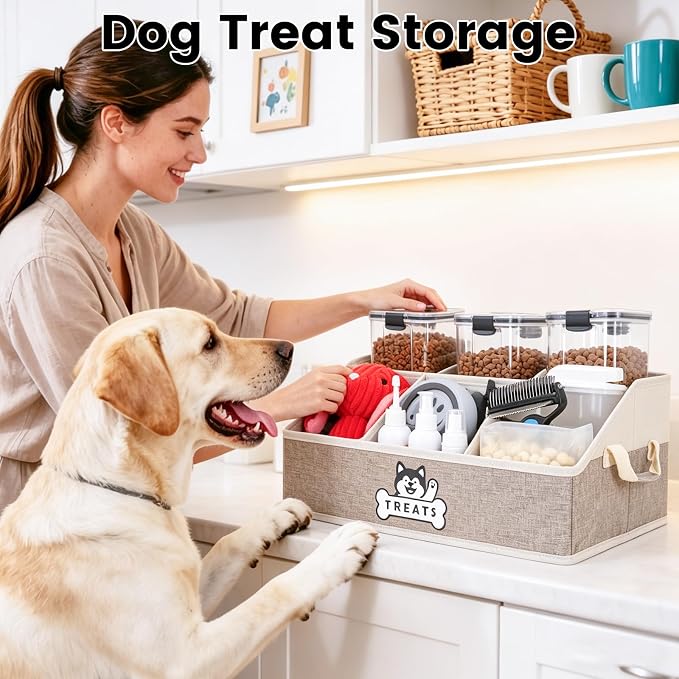 Dog Treat Storage Organizer for Countertop with Fabric Handle and Dividers | Collapsible Dog Treat Container for Living Room Area, Trapezoid Storage Basket for Pet Supplies with Adjustable Dividers