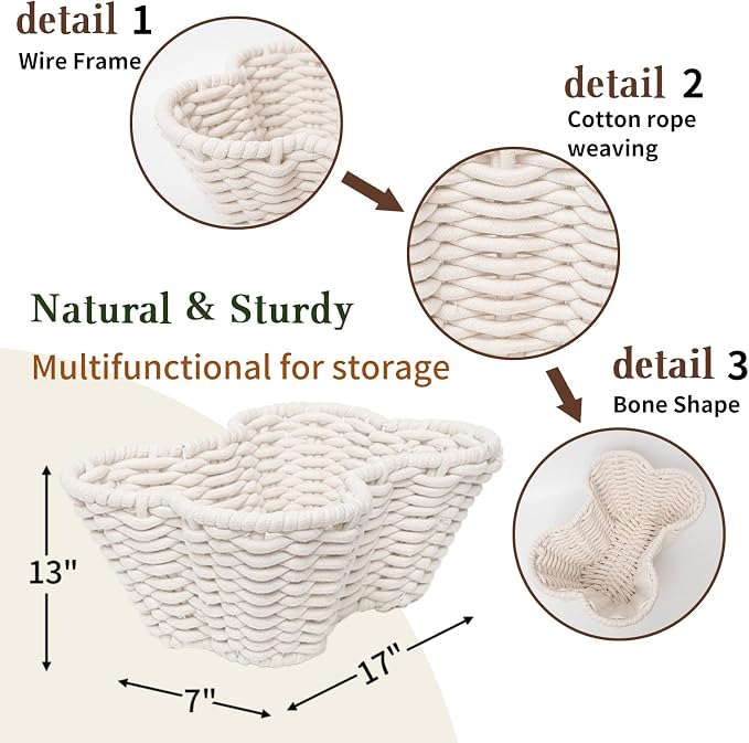 JJSQ Dog Toy Basket for Storage, Pet Toy Organizer Bin, Cotton Rope Baskets for Oraganizing, Bone Shape Basket Handmade 17" x 13" x 7"