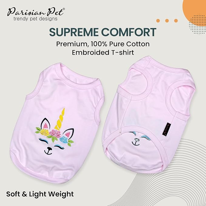 Parisian Pet Dog Shirt - 100% Cotton Unicorn Shirts for Small Dogs - Pink Sleeveless Girl Pet Clothes - Lightweight and Breathable Puppy Clothes - Stretchy Female Dog Apparel - T Shirts for Dogs