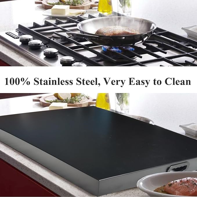 Stainless Steel Gas Stove Top Cover, Noodle Board Cooktop Cover, Kitchen Organizer for Gas and Electric Stove Range Expanding Kitchen Space, Large Size 30"x 22"x3", Black